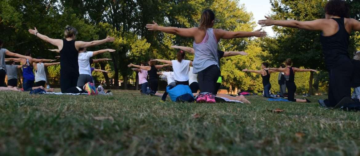 Women Performing Yoga on Green Grass Near Trees